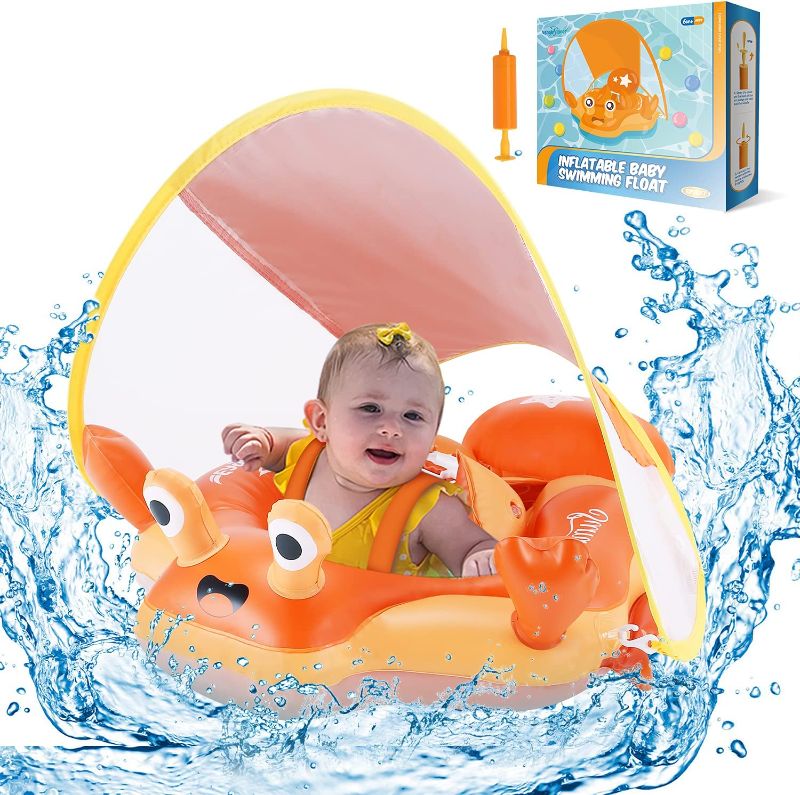 Photo 1 of Eaglestone Baby Pool Float with UPF 50+ UV Sun Protection Canopy, Inflatable Orange