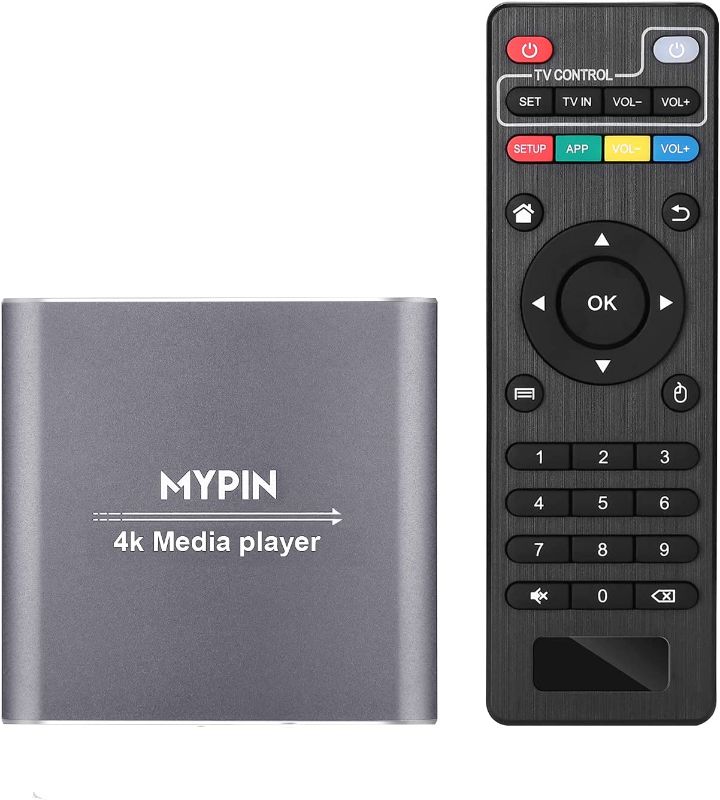 Photo 1 of 4K Media Player with Remote Control, Digital MP4 Player for 8TB HDD/ USB Drive / TF Card/ H.265 MP4 PPT MKV AVI Support HDMI/AV/Optical Out and USB Mouse/Keyboard-HDMI up to 7.1 Surround Sound (Grey)