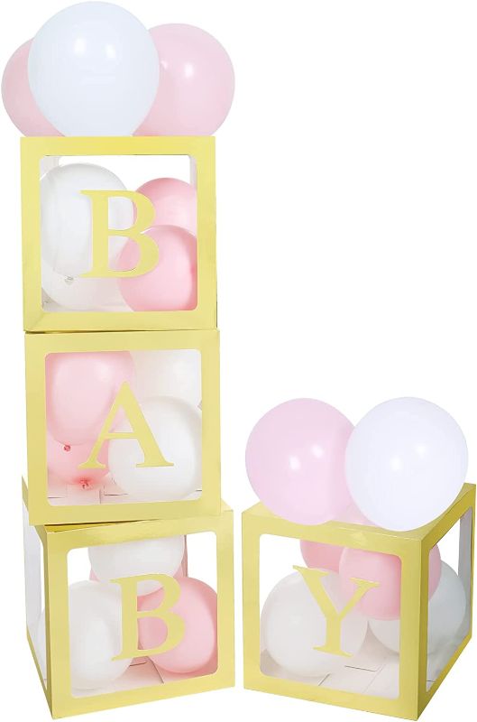 Photo 1 of 4 Gold Transparent Balloon Boxes with Letters 20 Balloons Gold Baby Shower Decorations Baby Block Boxes Party Decoration Baby Box Backdrop for Baby Shower & Birthday