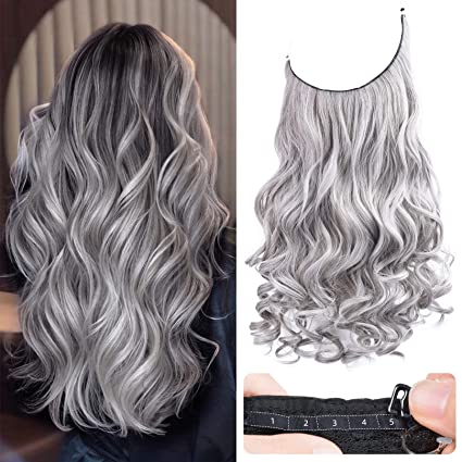 Photo 1 of REECHO Invisible Wire Hair Extensions with Transparent Headband Adjustable Size Removable Secure Clips in Curly Wavy Secret Hairpiece for Women (16 Inch (Pack of 1), Grey/Brown/Silver/White Mixed)
