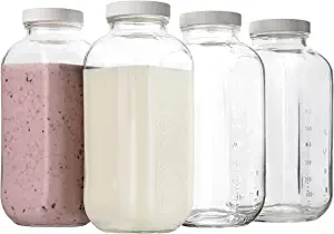 Photo 1 of 32oz Square Glass Milk Bottle with Plastic Airtight Lids, Quart Sized Vintage Reusable Dairy Drinking Containers for Refrigerator with Measurement Marks, Yogurt, Smoothies, Kombucha, Water- 4 Pack
