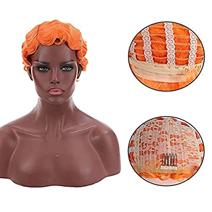 Photo 1 of Bybrana Hair Short Finger Wavy Wig Curly Black Cute Nuna Wig Real Retro African Black Wigs for Women Mommy Wig Is Looks Natural (Orange)
