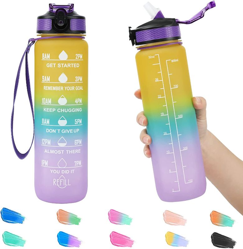 Photo 1 of 32 oz Large Water Bottle with Time Marker ,1L Motivational Water Bottles With Removable Straw & Times to Drink,Leak-Proof Tritan BPA-Free Water Jug,Sports Water Bottles for Fitness(Yellow-Blue-Purple)
