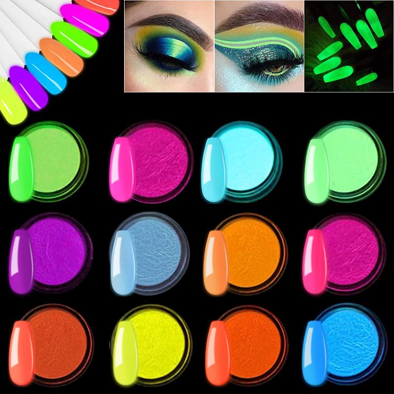 Photo 1 of 12 Boxes Luminous Pigment Nail Powder, Kalolary Neon Color Nail Powder Pigment Eyeshadow Powder UV Glow Fluorescent Matte Colorant Glow in The Dark Makeup for Christmas
