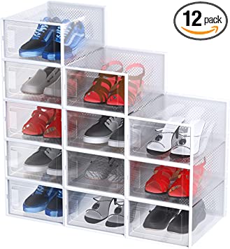 Photo 1 of 12 pack shoe box clear plastic stackable, Storage box plastic bins shoe Clear Plastic Stackable Shoe Organizer for Closet, Space Saving Foldable Shoe boxes can connect shoe box (white)
