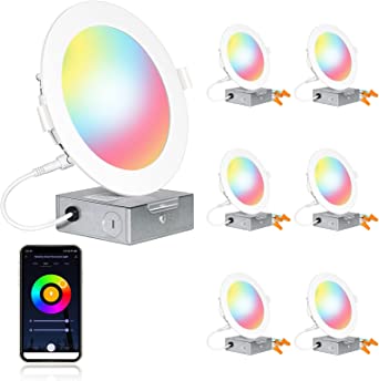 Photo 1 of 6 Inch Smart Wi-Fi Ultra Slim LED Recessed Lighting, RGBW Color Changing Tunable White LED Downlight with Junction Box, 14w=100w, 1200lm, Compatible with Alexa and Google Assistant - 6 Pack
