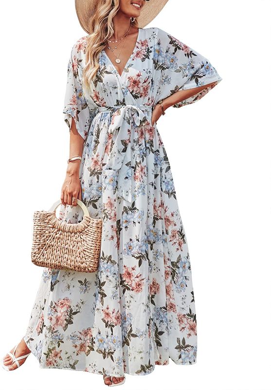 Photo 1 of ANRABESS Women’s Summer Loose Kimono Maxi Dress Wrap V Neck 3/4 Sleeve Floral Print Slit Long Dresses SMALL 