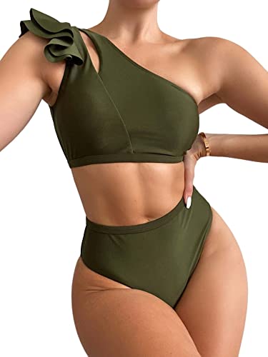 Photo 1 of ATHMILE Ruffle Trim Bikini Set for Women One Shoulder Swimsuits High Waisted Two Piece Bathing Suits Tummy Control Swimwear Army Green
Size M 