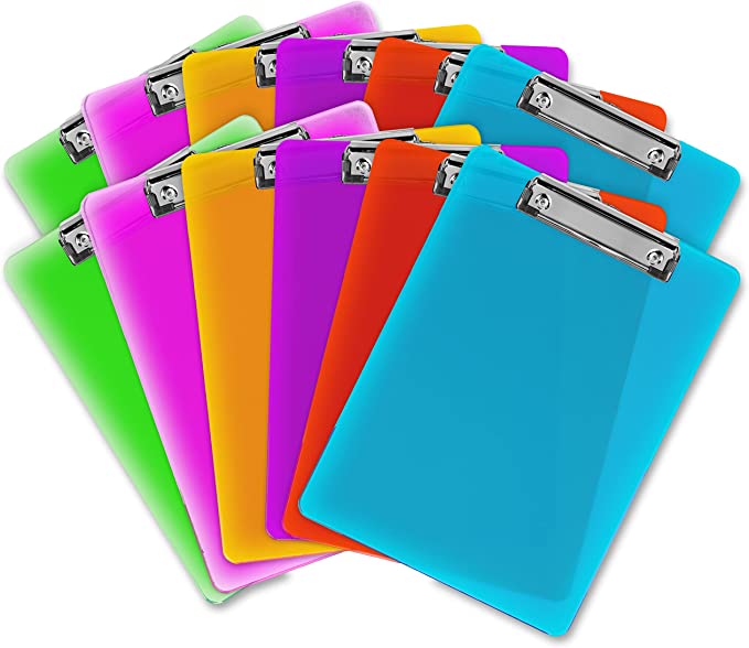 Photo 1 of Plastic Clipboards (Set of 12) Multi Pack Clipboard (Colored Assorted) Strong 12.5 x 9 Inch | Holds 100 Sheets! Acrylic Clipboards with Low Profile Clip | Cute Clip Boards Board Clips
