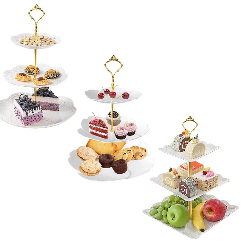 Photo 1 of 3 Set 3 Tier White Dessert Stands, Plastic Tiered Cake Stands, Fruit Candy Display Includes Square/Sakura-Shaped/Round Dessert Tiered Stand for Wedding Birthday Family Party
