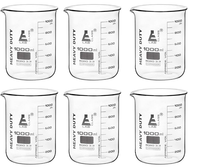 Photo 1 of 6PK Heavy Duty Beaker, 1000ml - 5mm Thick, Uniform Walls - Superior Durability & Chemical Resistance - White Graduations - Borosilicate 3.3 Glass - Eisco Labs
