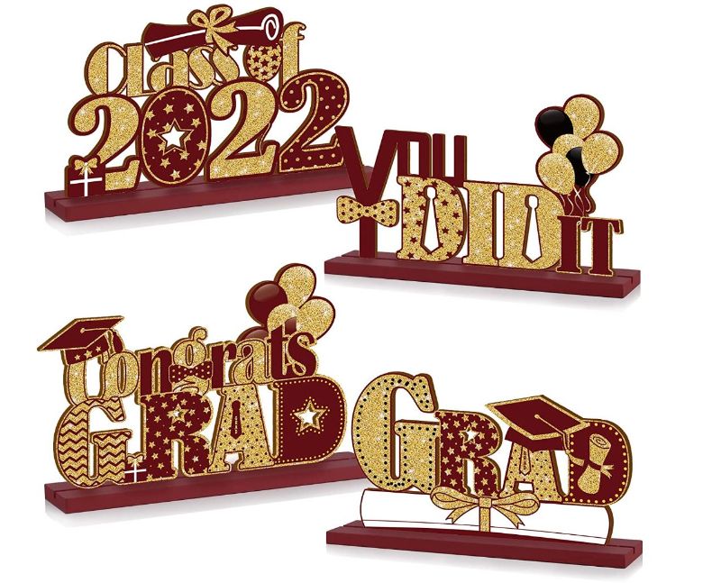 Photo 1 of 4 Pieces 2022 Graduation Party Decorations Wooden Class of Grad Congratulate Graduation Table Toppers for High School College Graduation Party Favor Supplies Photo Booth Props(Maroon)
