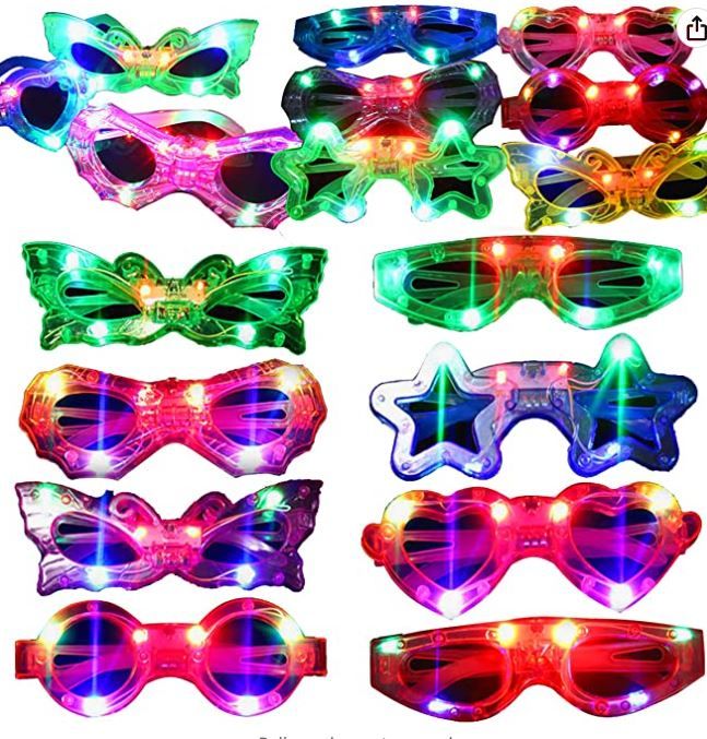 Photo 1 of 24 Packs LED Glasses for kids Glow in the dark Party Supplies Favor,6 LED 6 Shapes Glasses Flashing Plastic Light up Glass Toys Bulk 3 Replaceable Battery Flashing Light fit Concert Birthday Holiday

