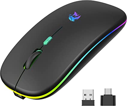 Photo 1 of Led Wireless Mouse, Bluetooth Mouse, Portable Mobile Optical Cordless Mouse with USB and Type C Receiver, 3 Adjustable DPI - Rechargeable Computer Mouse for Mac Book, Laptop, Desktop, PC (Black)
