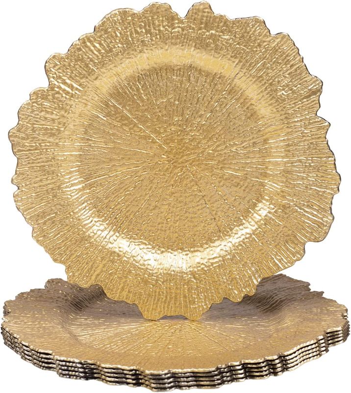 Photo 1 of  MAONAME 13" Gold Charger Plates, Round Reef Chargers for Dinner Plates, Plastic Plate Chargers for Table Setting, Wedding Decor, Set of 6
