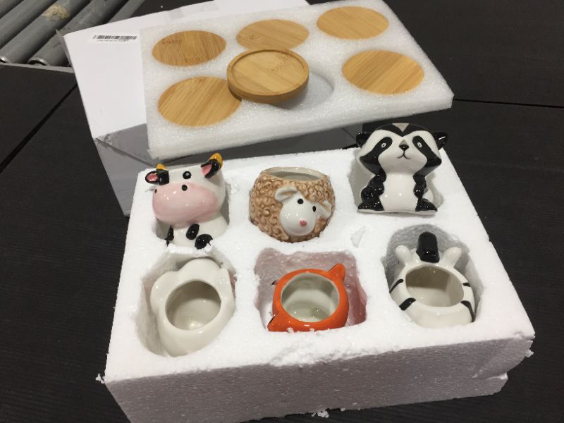 Photo 2 of 6Pack Small Ceramic Animal Succulent Planters with Drainage and Wooden Tray Saucer Lovely Unique Gift Fox Panda Cow Elephant Sheep Zebra Assorted