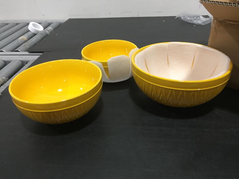 Photo 2 of AVLA 3 Pack Porcelain Mixing Bowls for Kitchen, 3/1.8/1.2 Qt Ceramic Large Serving Salad Soup Bowl Set, Deep Nesting Bowl for Space Saving, Microwave and Dishwasher Safe, Yellow
