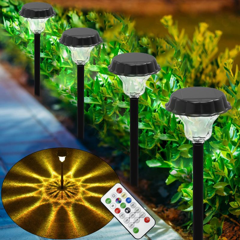 Photo 1 of 50 Lumen Bright Solar Lights Outdoor Waterproof, W+RGB Solar Outdoor Lights Decorative with Remote Control Button Control Solar Garden Lights 4Pack Color Changing Solar Pathway Lights Solar Powered
