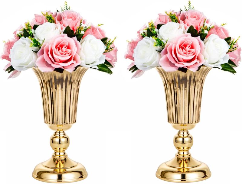 Photo 2 of 2 Pcs/Set Tabletop Metal Wedding Flower Trumpet Vase, Table Decorative Centerpiece, Artificial Flower Arrangements for Anniversary Ceremony Party Birthday Event Aisle Home Decoration (Gold, 2XM)
