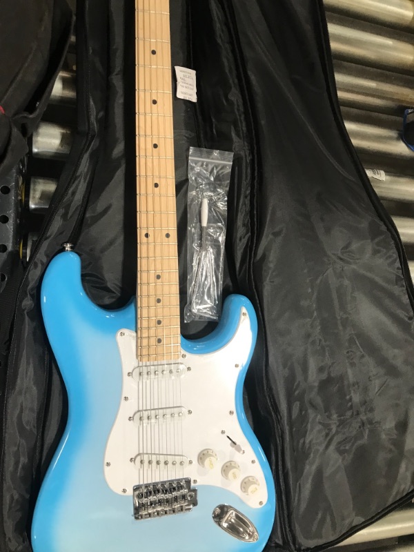 Photo 3 of Monoprice Cali Classic Electric Guitar - Blue Burst, 6 Strings, Double-Cutaway Solid Body, Right Handed, SSS Pickups, Full-Range Tone, with Gig Bag, Perfect for Beginners - Indio Series
