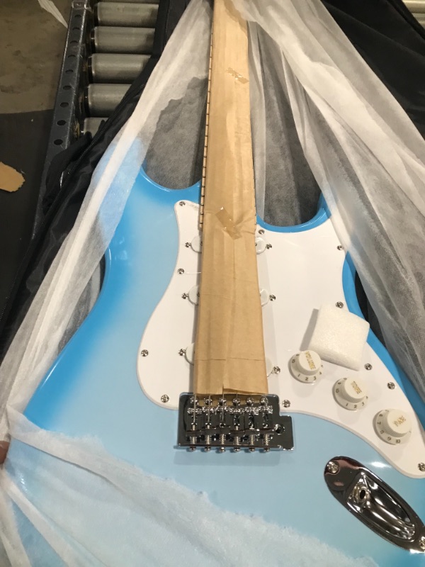 Photo 2 of Monoprice Cali Classic Electric Guitar - Blue Burst, 6 Strings, Double-Cutaway Solid Body, Right Handed, SSS Pickups, Full-Range Tone, with Gig Bag, Perfect for Beginners - Indio Series
