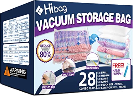 Photo 1 of 28 Vacuum Storage Bags Space Saver (5 Large, 5 Jumbo, 5 Medium, 5 Small, 4 Roll L, 4 Roll S) with Hand Pump for Bedding, Comforter, Pillows, Clothes (28-Combo)
