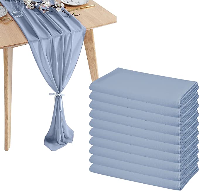 Photo 1 of 10 Pcs Chiffon Table Runner 10Ft - 28x120 Inches Dusty Blue Sheer Chiffon Table Runner Chiffon Romantic Wedding Runner Overlays for Wedding Decor Birthday Party Baby Bridal Shower Table Decoration
