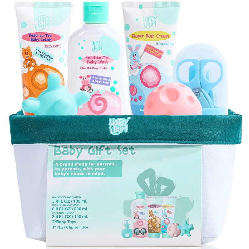 Photo 1 of HAPPY BUM Baby Gift Set Baby Set Newborn Gift Included Head-to-Toe Baby Wash, Body Lotion, Diaper Rash Cream, Baby Toys 2 pcs, Nail Clipper Box, Cloth Box, 7 Items Newborn Baby Essentials
