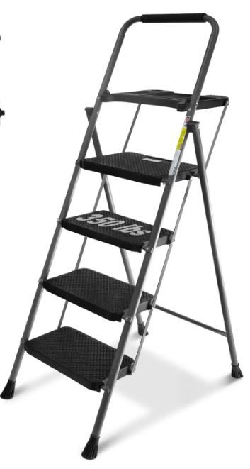 Photo 1 of 4 Step Ladder, GOLYTON Lightweight Folding 4 Step Stool with Tool Platform, Wide Anti-Slip Pedal and Convenient Handgrip, Sturdy Steel Ladder Hold Up to 500lbs, Gray