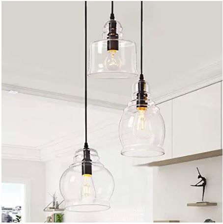 Photo 1 of Wellmet Pendant Lights Kitchen Island Chandelier Globes Glass, 3 Lights Modern Linear Barn Hanging Pendant Lighting for Dining Room, Cluster Ceiling Lighting Fixture for Foyer