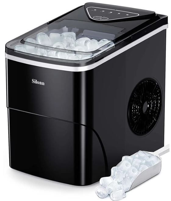 Photo 1 of Silonn Ice Makers Countertop, 9 Cubes Ready in 6 Mins, 26lbs in 24Hrs, Self-Cleaning Ice Machine with Ice Scoop and Basket, 2 Sizes of Bullet Ice for Home Kitchen Office Bar Party