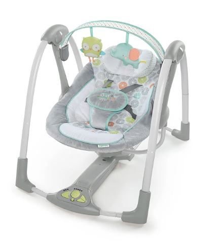 Photo 1 of Ingenuity 5-Speed Portable Baby Swing with Music, Nature Sounds & Battery-Saving Technology - Hugs & Hoots, Swing 'n Go, 0-9 Months