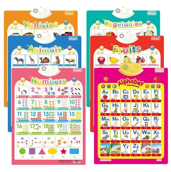 Photo 1 of 6Pcs Electronic Interactive Alphabet Wall Chart for Kids, ABC Learning for Toddlers,Learning Toys for Toddlers, Talking ABC,123s,Animal,Fruits,Vehicles & Vegetables Poster,Preschool Gifts for Kids