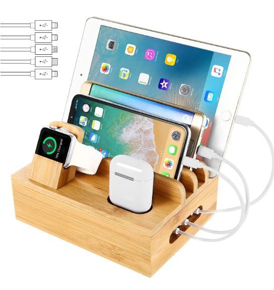 Photo 1 of Bamboo Charging Station Dock for 4/5 / 6 Ports USB Charger with 5 Charging Cables Included, Desktop Docking Station Organizer for Cellphone,Smart Watch,Tablet(No Power Supply)