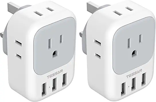 Photo 1 of US to UK Plug Adapter, TESSAN Type G Plug Adapter with 4 Electrical Outlet 3 USB, Travel Power Adaptor for USA to Ireland Dubai Kenya Scotland England British London Qatar, 2-Pack
