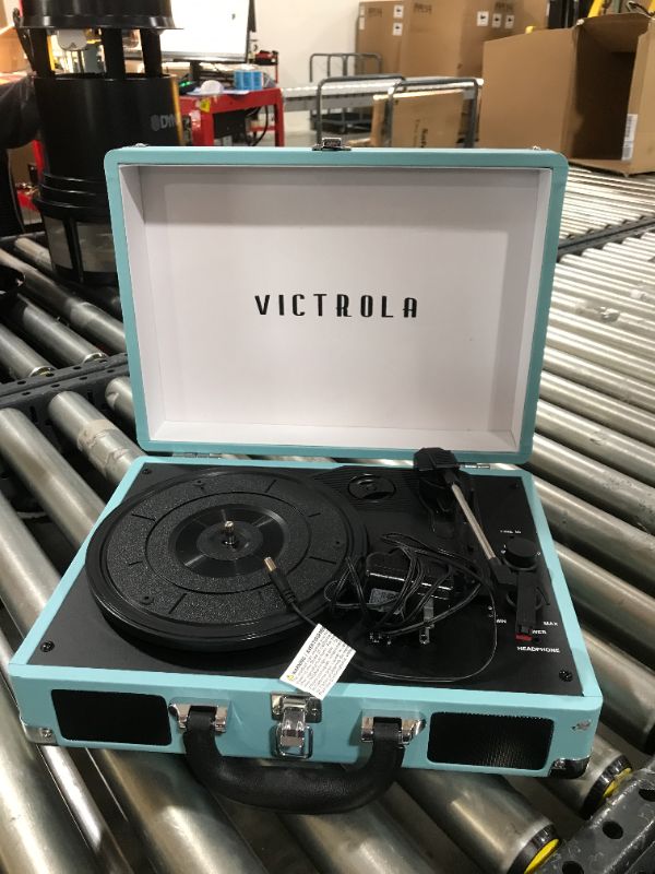 Photo 2 of Victrola Vintage 3-Speed Bluetooth Portable Suitcase Record Player with Built-in Speakers | Upgraded Turntable Audio Sound| Includes Extra Stylus | Turquoise, Model Number: VSC-550BT
