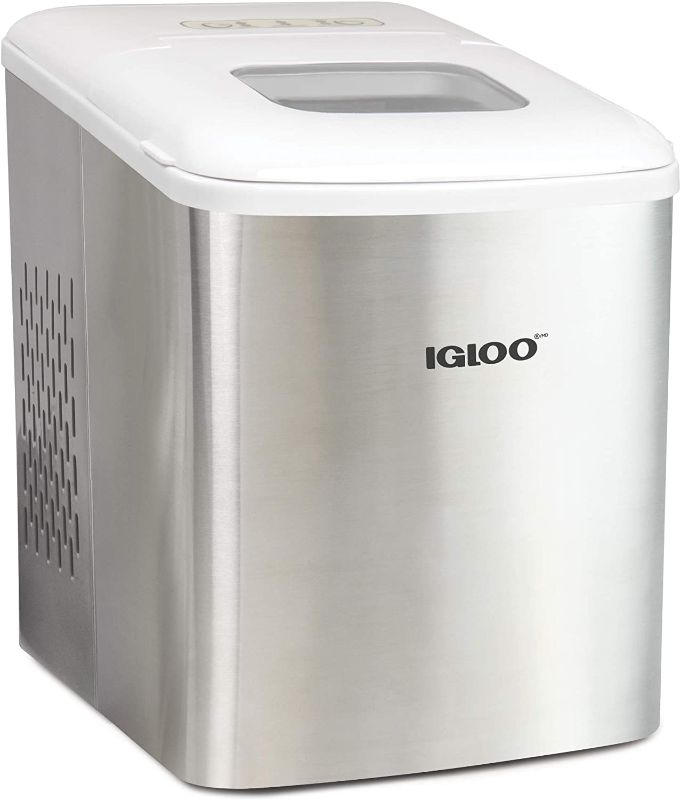 Photo 1 of Igloo ICEBNH26SSWL Steel Automatic Self-Cleaning Portable Electric Countertop Ice Maker Machine, 26 Pounds in 24 Hours, 9 Cubes Ready in 7 minutes, With Scoop and Basket, Stainless White
