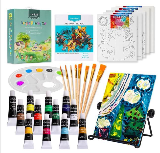 Photo 1 of Acrylic Paint Set for Kids, Art Painting Supplies Kit with 12 Paints, 5 Canvas Panels, 8 Brushes, Table Easel, Etc, Premium Paint Set for Students, Artists and Beginner.