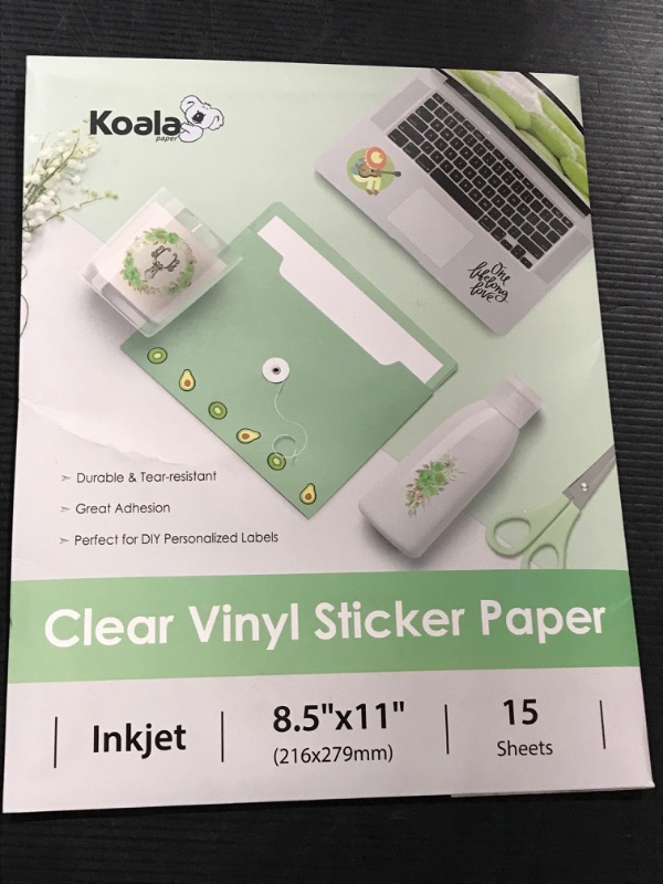 Photo 2 of Koala Printable Clear Sticker Paper for Inkjet Printers 8.5x11 in 15 Sheets Waterproof Transparent Full Sheet Label Paper for DIY Personalized Decals