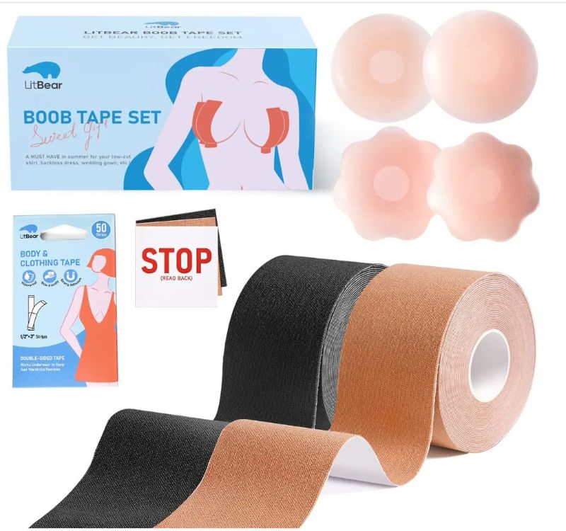 Photo 1 of 2 Pack Boob Tape - Breast Lift Tape, Body Tape for Breast Lift w 2 Pairs Silicone Breast Petals Reusable Adhesive Bra