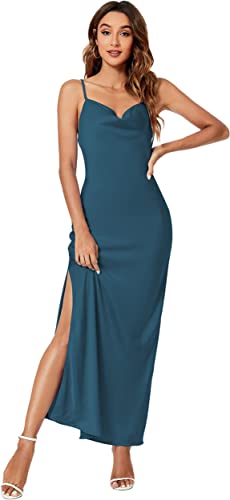 Photo 1 of Aigeman Women's Backless Spaghetti Strap Satin Maxi Dress Elegant Drape Cowl Neck Side Slit Wedding Party Formal Dress 72095
