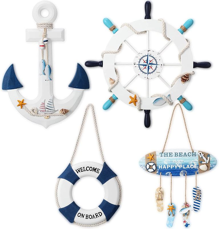 Photo 1 of 4 Pcs Wooden Nautical Lighthouse Anchor Wall Hanging Ornament, Beach Wooden Wall Decor Life Ring Boat Rudder Beach Theme Decor Flip Flop Beach Sign for Home Bedroom Bathroom Table Art Gifts Decor
