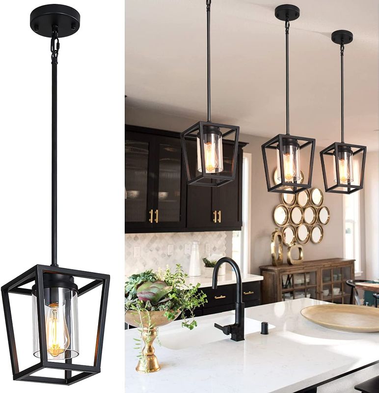 Photo 1 of 1 Pack SGLfarmty Pendant Lighting for Kitchen Island, Cage Hanging Light Fixtures, Black Pendant Lights with Durable Glass Shade for Dining Room & Kitchen,Black
