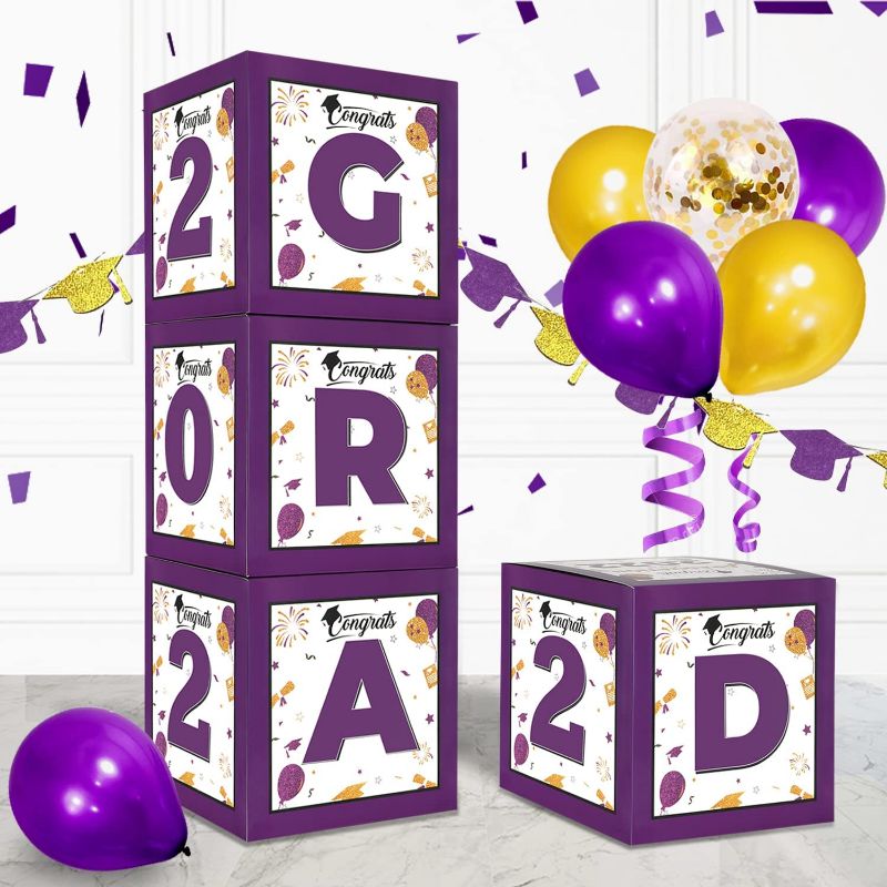 Photo 1 of 2022 Graduation Party Decorations, 4pcs Purple Gold Graduation Balloon Boxes with 2Pcs "GRAD" and "2022" Purple Letter for 2022 Purple Gold Graduation Party Decorations Supplies
