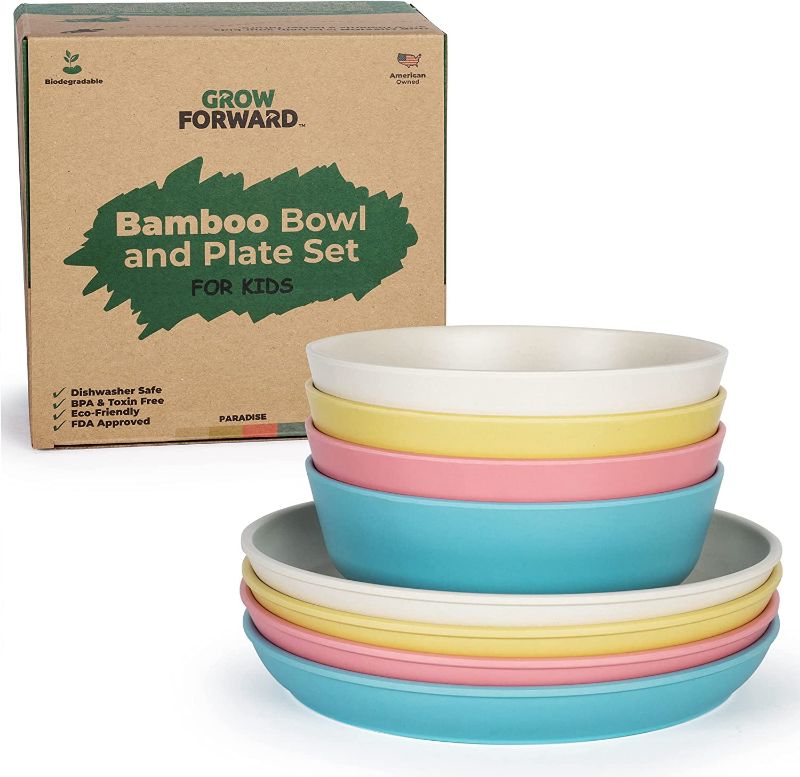 Photo 1 of Grow Forward Kids Bamboo Bowl and Plate Set - 4 Bamboo Kids Plates and 4 Bamboo Kids Bowls - Toddler Dishes - BPA Free & Dishwasher Safe - Eco Friendly Reusable Dinnerware - Paradise
