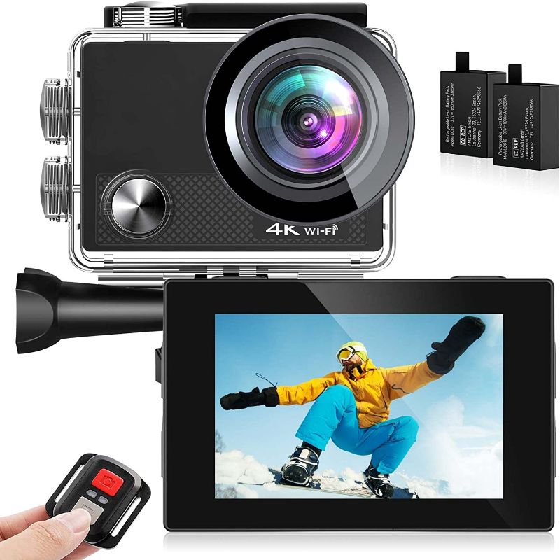 Photo 1 of Action Camera 4K 30FPS WiFi, 20MP HD Photo, 131FT Underwater Cameras, Upgrade EIS Anti-Shake Video Waterproof Camcorder, with Recharge Batteries, 2.4G Remote Control and Accessories
