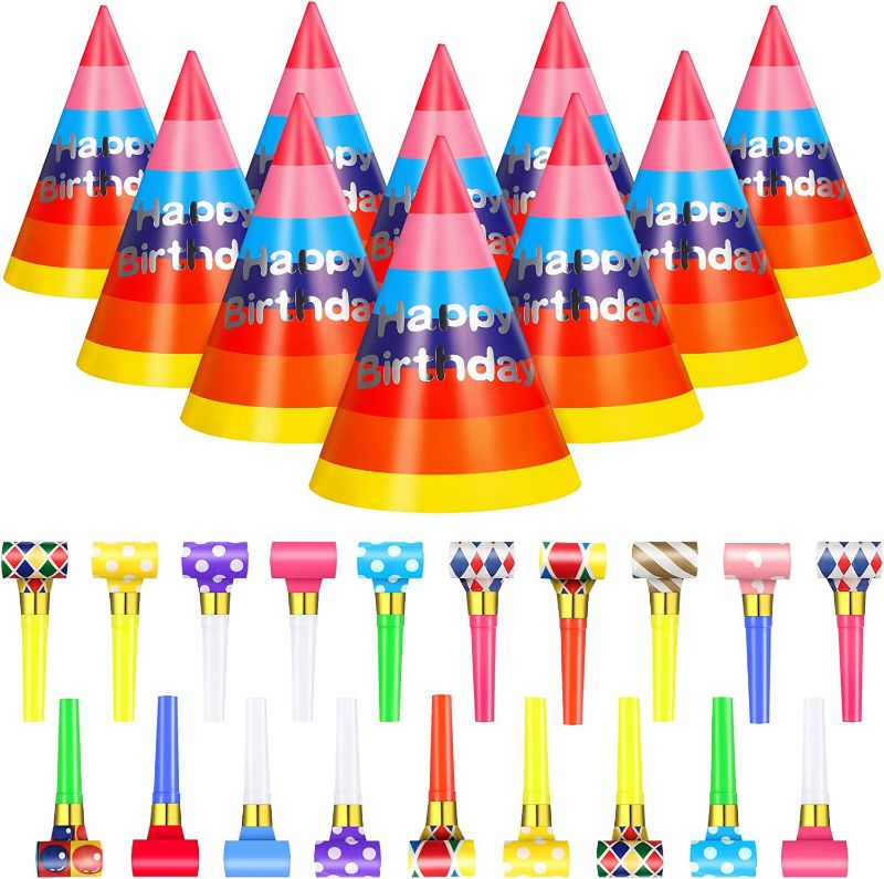 Photo 1 of 60 Pieces Kids Birthday Party Cone Hats and Party Blowers Rainbow Birthday Fun Paper Hat Colorful Noisemakers Blow Horns Whistles for Kids Adults Happy Birthday Party Decoration Supplies
