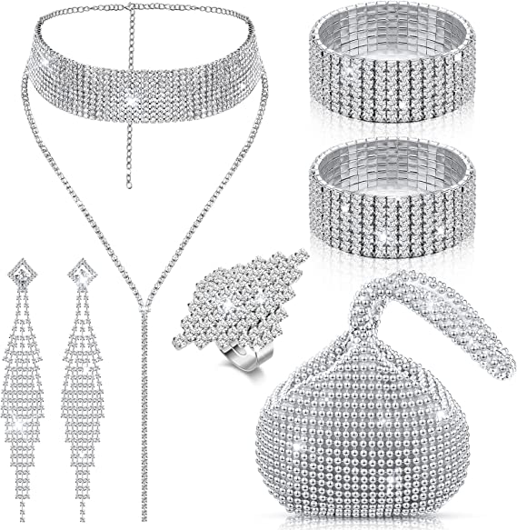 Photo 1 of 6 Pieces Women Crystal Jewelry Set Including Rhinestone Choker Stretch Bracelets Dangle Earrings Women Ring Rhinestone Handbag for Wedding Party
