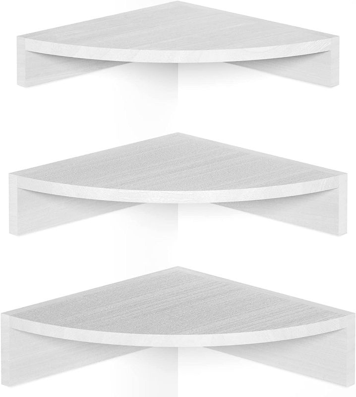 Photo 1 of Alsonerbay White Corner Shelf Wall Mount, Set of 3 Floating Shelves for Wall Storage and Display, Rustic Wall Shelves Wood Shelves for Bedroom, Living Room, Bathroom, Entryway, Garage

