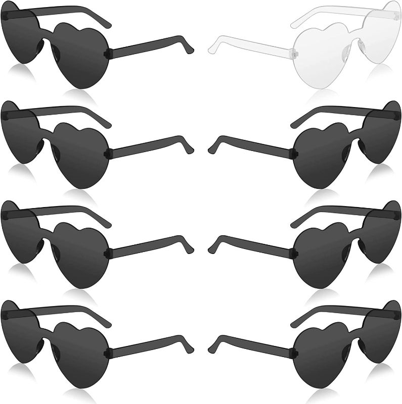 Photo 1 of 8Packs Heart Shaped Sunglasses Bulk for Women Kids Bride & Team Bride Party Supplies Black and Translucent Bachelorette Party Favors Frameless Glasses
